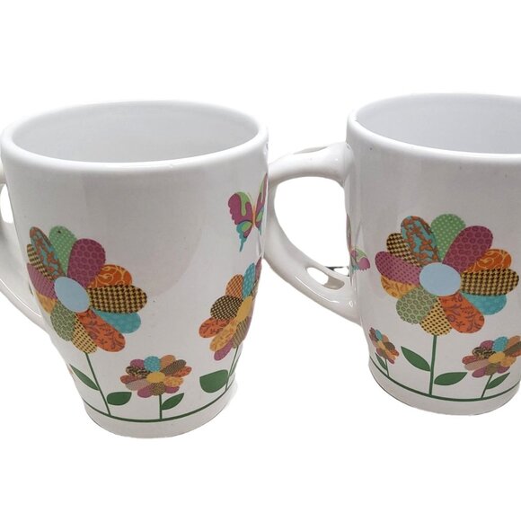vintage trisa patchwork quilt flower design stoneware 10oz. coffee cups. - Picture 1 of 4